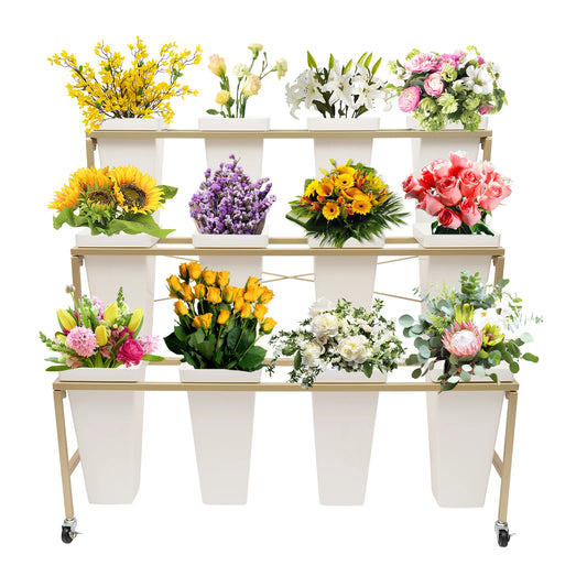 3 Layers White Flower Display Stand with 12 Buckets & Wheel