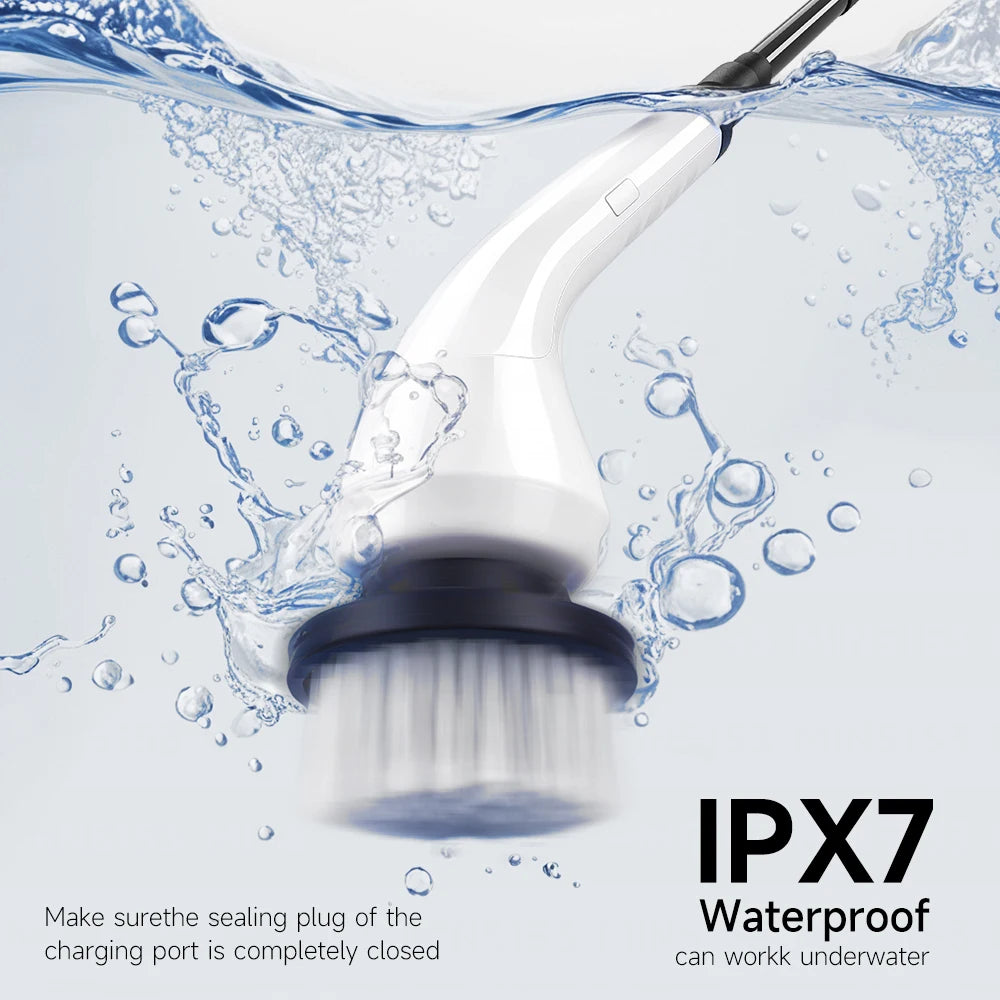 Electric scrubber with 8 Replaceable Brush Heads & Detachable Extension Handle