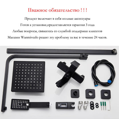 Matte Black Bathroom Shower Faucet Wall Mounted 8" Shower Set Square Rainfall Hot Cold Water Bath Spout